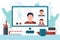 Online meeting via group call. Dialogue or conversation between colleagues or clerks. Flat cartoon colorful vector stock illustrat