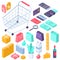 Online mobile shopping isometric interface icons
