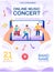 Online music concert concept poster. Male musician are performing online, singing and playing