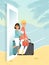 Online order travel ticket, buy vacation voucher mobile phone and smartphone flat vector illustration. Tropical holiday