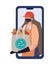 online ordering and delivery woman with safety mask and one ecobag full of market products on phone