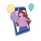 Online party, girl video smartphone balloons decoration meeting celebration