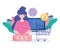 Online payment, woman computer shopping cart world, ecommerce market, mobile app