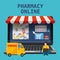 Online pharmacy store offers drugs pills bottles. Laptop consept site healthcare and shopping medicines. Buyer and
