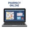 Online pharmacy store offers drugs pills bottles. Laptop consept site healthcare and shopping medicines. Vector isolated