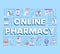 Online pharmacy word concepts banner. Medication, medicine eshopping. Online consultant. Presentation, website. Isolated