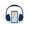 Online podcast banner or emblem with headphones on phone, flat vector isolated.