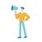 Online Public Relations, Affairs Concept. Male Character Shouting to Megaphone or Loudspeaker. Man Alert Advertising