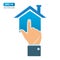 Online Real estate Concept, Business Man Hand pointing to Home Icon. Vector Illustration