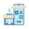 Online retail commerce, mobile shop app on phone screen with shelves, mini store building