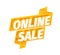 Online sale offer ribbon. Online store. Advertising promotion sticker poster. 3d letters on a orange golden background