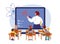Online school with teacher and little pupils. Cute students preschool sitting at desks. Distance learning in group