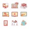 Online seminar icons thin line set. Webinar