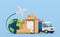 Online service postal logistic service or courier delivery concept. Truck with warehouse packages parcels, mobile phone with map