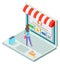 Online shop, isometric 3d laptop, bustomer woman choosing products at website, b2b marketplace