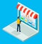 Online shop, isometric 3d laptop, customer man choosing products at website, b2b marketplace
