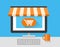 Online Shop Marketplace with Laptop.On line store. Sale, Laptop and smart phone with awning