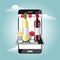Online shopfront. Isometric food delivering. Looking for bar or dinner. Mobile searching. Bar or wine shop. Red and