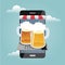 Online shopfront. Mobile searching. Looking for bar. Isometric mobile and beer. Online payments by credit card