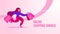 Online shopping banner with a young girl with shopping gifts packages runs on a pink background