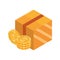 Online shopping, coins money cardboard box pack isometric isolated icon