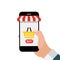 Online Shopping concept background with hand holding mobile market phone . Vector Illustration