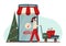 Online shopping concept with characters. Mobile Phone, decorated Christmas tree and woman with gift boxes. E-Commerce Online Shop