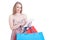 Online shopping concept with happy beautiful shopper holding mod