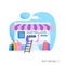 Online shopping concept, illustration metaphor, tiny cartoon people and laptop as storefront