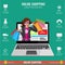 Online shopping concept infographics in vector. Woman from laptop