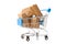 Online shopping concept. Shopping cart with small boxes inside on white background