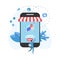 Online shopping concept with smartphone, shopping basket and man, buying online store