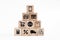 Online shopping or e-commerce concept with online business icons on wooden cubes against white background.