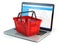 Online shopping e-commerce concept. Shopping basket on laptop keyboard isolated on white background.