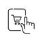 Online shopping. Finger tapping on tablet adding merchandise to shopping cart. Pixel perfect, editable stroke icon