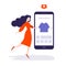 Online shopping. Girl chooses clothes by mobile app. Young woman buying, ordering clothes by internet