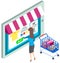 Online shopping. Girl selects products on touchscreen, clicks buttons on website of online store