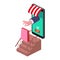 Online shopping hand serves a package with purchase from smartphone awning internet shop. Isometric supermarket. Vector
