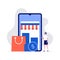 Online shopping and mobile commerce concept with characters. Customer standing near shopping bag and making order in mobile app.