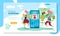 Online shopping page. Mobile shop with happy man and women buying sales flat vector illustration