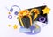 Online shopping, presents or bonuses cartoon banner. Computer with flying gift boxes, headphones, gold stars, purple