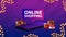 Online shopping, purple banner with large title, presents boxes lying around of smartphone