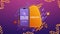 Online shopping, purple and orange banner with abstract shape and large smartphone with button on screen.
