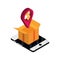 Online shopping, smartphone cardboard box pin money isometric isolated icon