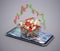 Online stock trading concept. Stocks inside shopping basket on smartphone. 3D illustration