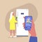 Online supermarket. ordering food delivery with a smartphone, young female character standing in front of the fridge and holding a