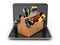 Online support. Laptop and toolbox. 3d