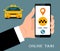 Online taxi illustration. Mobile app service. Hand holding smartphone