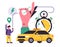 Online taxi ordering service. City taxi service. Happy passenger, yellow car, stopwatch, line, icon. Vector illustration