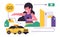 Online taxi ordering service. City yellow taxi. Transportation of people in a yellow car. Happy woman, city, houses